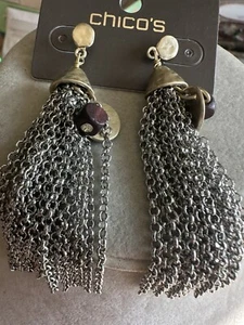 3” CHICO’S AUDRINA SILVER & GOLD DROP PIERCED EARRINGS NWT-COSTUME JEWELRY - Picture 1 of 2