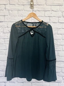 MAURICES  Dark Green Long Sleeve Top Sz M Velvet Trim Lace Boho Whimsigoth - Picture 1 of 6