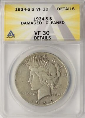 1934-S Peace Silver Dollar $1 ANACS VF30 Details - Image 1 of 4