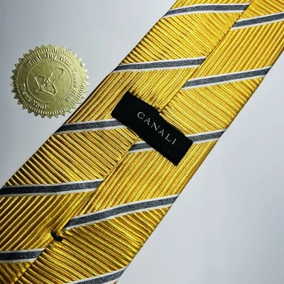 CANALI 黄金编织丝绸领带带白色灰色条纹 60x3.75 英寸 状况完好 — 第 1/4 张图片