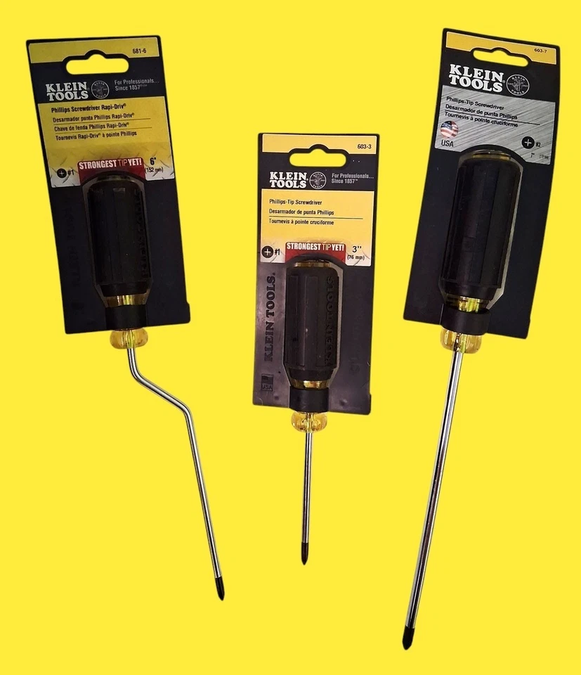 3 New KLEIN TOOLS SCREWDRIVERS ~ PHILLIPS Rapi-Drive + & 7" Shank PHILLIPS TIP - Image 1 of 1
