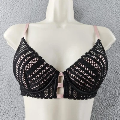 Victoria's Secret Bra Womens 32C Black Pink Lace Lined Plunge Underwire Strappy - Image 1 of 4