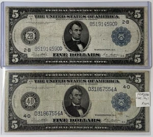 ( x2 ) 1914 US $5 Five Dollar Federal Reserve Note - New York, Ohio - Picture 1 of 2