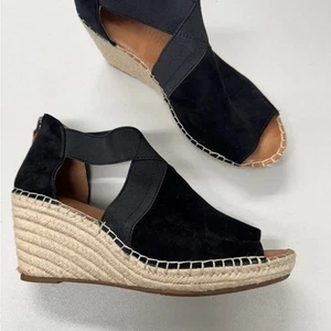 Gentle Souls Black Suede Peep Toe Espadrille Wedge Sandals Womens 8 Beachy - Picture 1 of 9