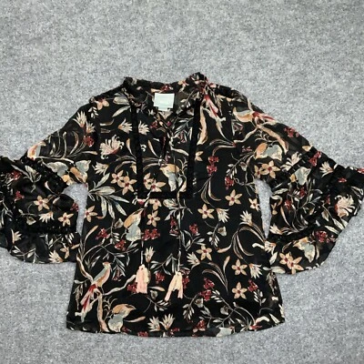 Maeve Blouse Womens Sz S  Black Floral  Flare ruffle sleeves Tassels Flowy  Foto 1 de 4