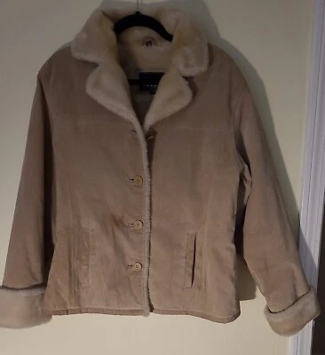 Suede Leather Faux Fur Coat Jacket Tan Beige Adler Collection Size PM - Image 1 of 4