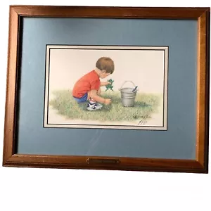 Vintage Sue Gill signiert nummeriert Zeichnung Double Trouble Boy Frosch gerahmter Druck - Bild 1 von 10