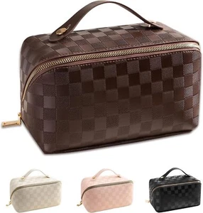Large Capacity Makeup Bag, Travel Cosmetic PU Leather brown - Picture 1 of 7