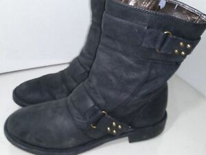 DKNY Black Flat Leather  Ankle Boots Booties Buckle Moto Womens Size 8.5
