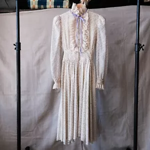 Vintage 1970s Floral Prairie Dress With Lace Details & Purple Ribbon Accents - Picture 1 of 9