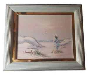 Pintura original al óleo sobre lienzo firmada por L. Kesnick certificado de autenticidad niña por gaviotas del océano - Imagen 1 de 10
