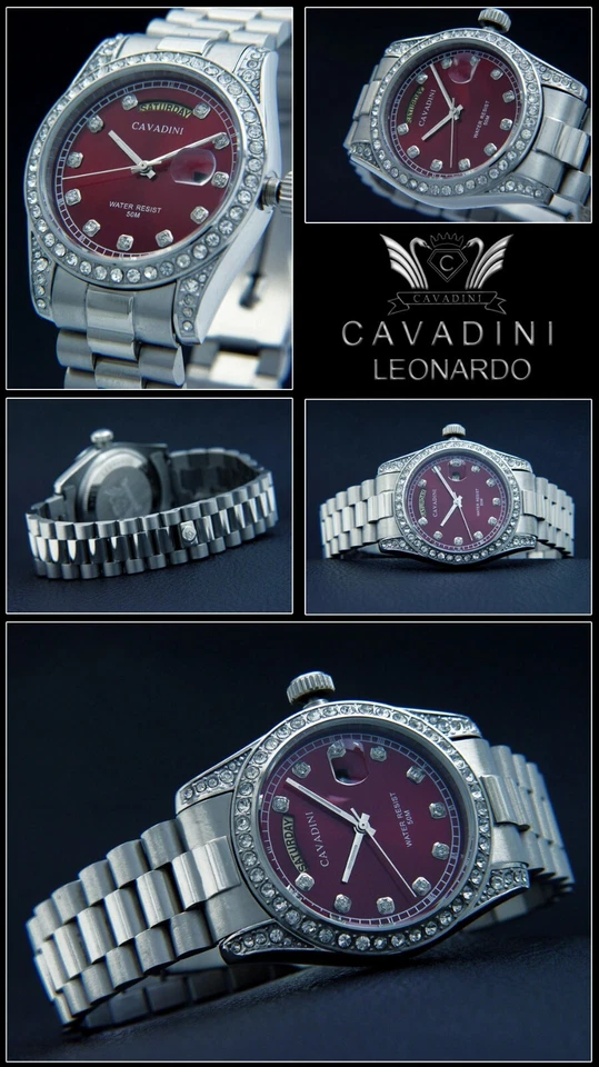 Leonardo CAVADINI Herrenuhr CV-331S Zirkonia Edelstahl stahl-rot Schraubkrone - Bild 1 von 1