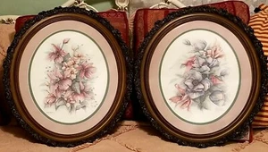 2 VINTAGE JAN ANDERSON SIGNED FLORAL PRINTS OVAL ORNATE WOOD FRAMES 23"  MINT - Picture 1 of 12
