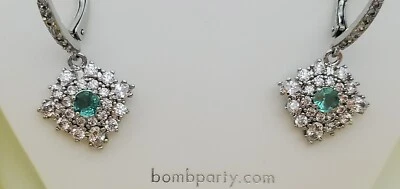 EARRINGS Bomb Party TEAL & White Lab Zircons "Lovely Oasis" Dangle Rhodium NWT - Image 1 of 4