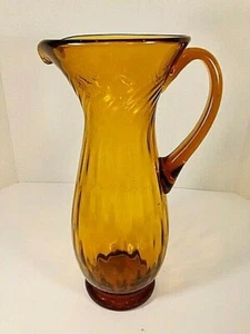 Vintage Tall Hand Blown Amber Brown Twisted Art Glass Pitcher Applied Handle - Picture 1 of 7