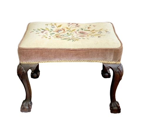 19th Century Chippendale Style Bench ~ needlepoint, ball and claw feet, shell Cover