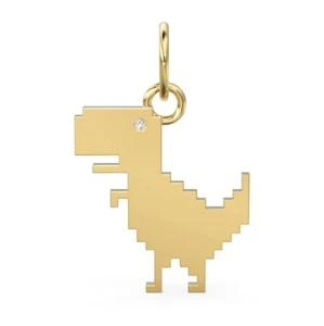 2D Pixelated Dinosaur Pendant 14K Solid Yellow Gold Handmade Diamond Charm. - Picture 1 of 15
