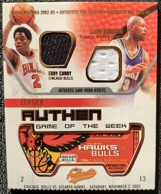 Tarjeta de la NBA 2002 Glenn Robinson Hawks parche usado en juegos Eddy Curry Bulls Fleer #ECGR Foto 1 de 4