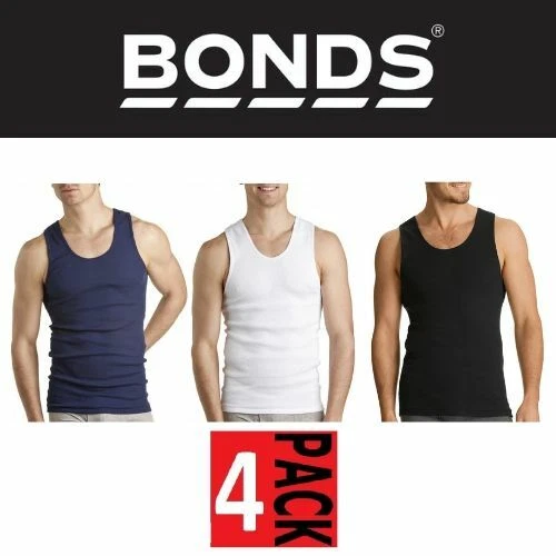 MENS BONDS 4 PACK SINGLET in Navy or  White or Black Cotton Vest Size S-4XL - image 1 of 3