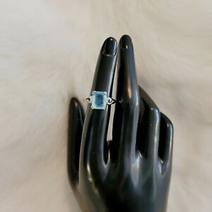 Avon Aquamarine Color Glass Rectangle Womens Ring Size 4.75 Silver Tone 7539