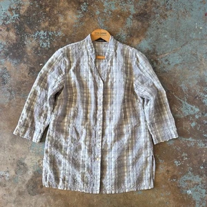 Cut Loose Plaid Tunic Top Size S 3/4 Sleeve Gray V Neck Textured Rayon Blend - Picture 1 of 7