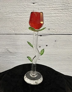 Vintage Glas rote Rosenknospe grüne Blätter klarer Stiel in Box 5" - Bild 1 von 7