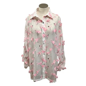 Just B Damen transparentes rosa & weißes Oversize 3D Flamingo Knopfleiste Shirt Gr. S - Bild 1 von 15