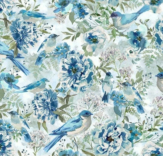 Hoffman, Porch View Frost ,blue birds,flowers, Cotton 44" wide ,BTY - Image 1 of 1