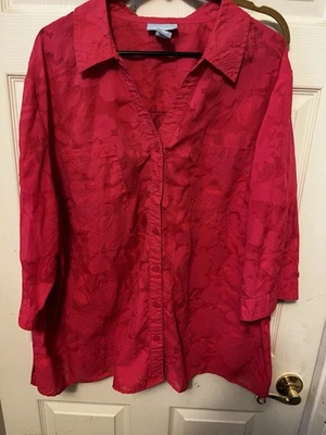 Liz & Me Womens Blouse 3X Plus 26/28W Pink Floral Button Up 3/4 Sleeve Pockets - Image 1 of 4