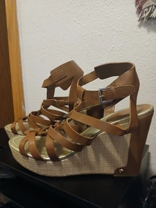 Liz Claiborne Platform Wedges LC Crete Brown Tan Strappy Heels Sandals Size 11 M - Picture 1 of 5