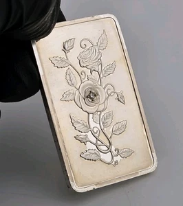 Barra de arte de plata vintage con inserto de diamante rosa floral del día de la madre MEM 1974 1 OZ - Imagen 1 de 6