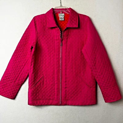 Quacker Factory jacket sz S pink 100% Silk  Rhinestone Zip Pockets Quilted bling - Image 1 of 4