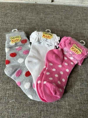 Country Kids Girls Socks Size 5-6 Pink White Gray Polka Dots Ruffle 3 Pairs - Image 1 of 4