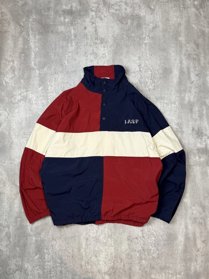 Chaqueta cortavientos vintage años 90 Izod Sport tricolor nailon 1/4 botón talla grande Foto 1 de 4