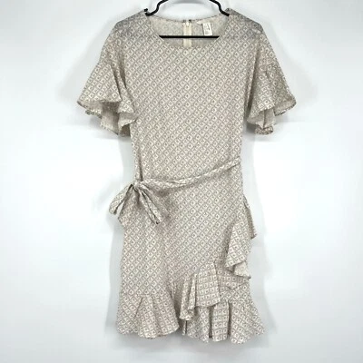 H&M Dress Womens Size 6 Beige Black Printed Ruffle Tie Waist Flutter Sleeve NWT - Image 1 of 4