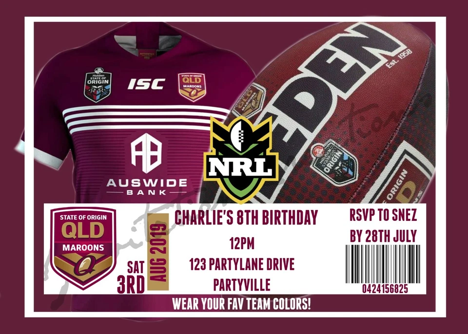 Hágalo usted mismo Impresión Personalizada NRL QLD GRANATES ESTADO DE ORIGEN Invitaciones de Fiesta de Cumpleaños Foto 1 de 1