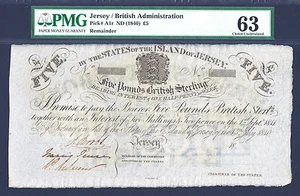 Jersey 5 Pounds ND (1840) Remainder Pick-A1r Ch UNC PMG 63 RARE ! - Picture 1 of 2