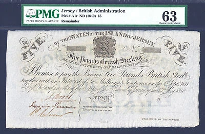 Jersey 5 Pounds ND (1840) Remainder Pick-A1r Ch UNC PMG 63 RARE ! - Image 1 of 2