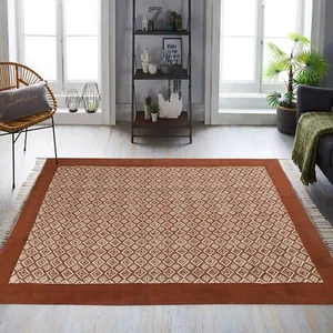 Alfombra antideslizante tejida a mano de algodón impresa en bloque de pelo bajo decoración del hogar para sala de estar - Imagen 1 de 7