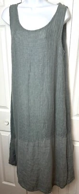 Maxi Vestido sin Mangas FLAX 100% Lino Verde Gris Cuello Redondo Lagenlook Texturizado Talla S Foto 1 de 4