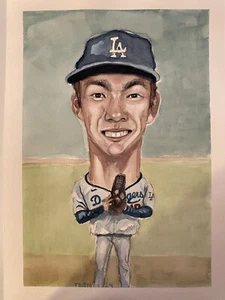 Yoshinobu Yamamoto Original Watercolor, 11”x14”. Signed. LA Dodgers Pitcher. - Picture 1 of 7