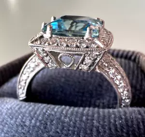 Designer SIMON G ~ 18K White Gold .88 TCW Diamond & 8MM Aquamarine Ring NEW $7K - Picture 1 of 24