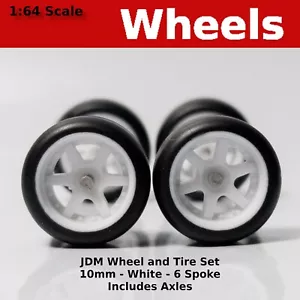 Weiß 6 Speichen echte Fahrer JDM Räder und Reifen Set für 1/64 für heiße Räder - Bild 1 von 5