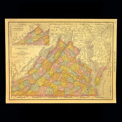 Vintage VIRGINIA Map Wall Art Original Staunton Richmond Antique DATED 1914 - Image 1 of 4