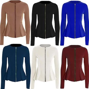 Womens Ladies Plus Size Plain Zip Peplum Frill Tailored Blazer Jacket 8 to 24 - Picture 1 of 14