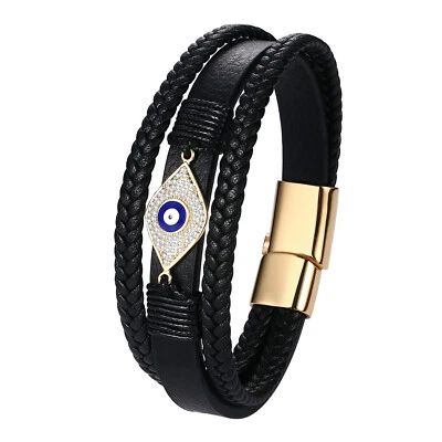 Brazalete de la suerte de acero inoxidable trenzado en capas punk para hombre mal de ojo Foto 1 de 4