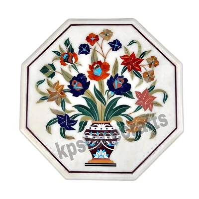 Tree of Life White Marble Inlay Side Table Top | Handmade Octagonal Art Piece - Image 1 of 4