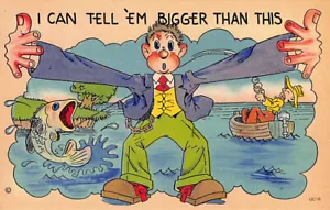 Vintage Comic Postkarte: Mann erzählt Fischgeschichten, Vintage Leinen - Bild 1 von 2