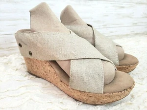 Merona Kork Keilabsatz Plateau Sandalette Gr. 8 beige gold Schimmer Gummizug   - Bild 1 von 10