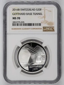 Switzerland 2016 20 francs silver BU coin - Gotthard Base Tunnel, NGC MS 70 - Picture 1 of 2